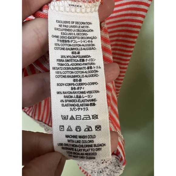 FREE PEOPLE Orange Striped Off Shoulder Short Sleeve Crochet Lace Women’s Top M - Picture 3 of 7